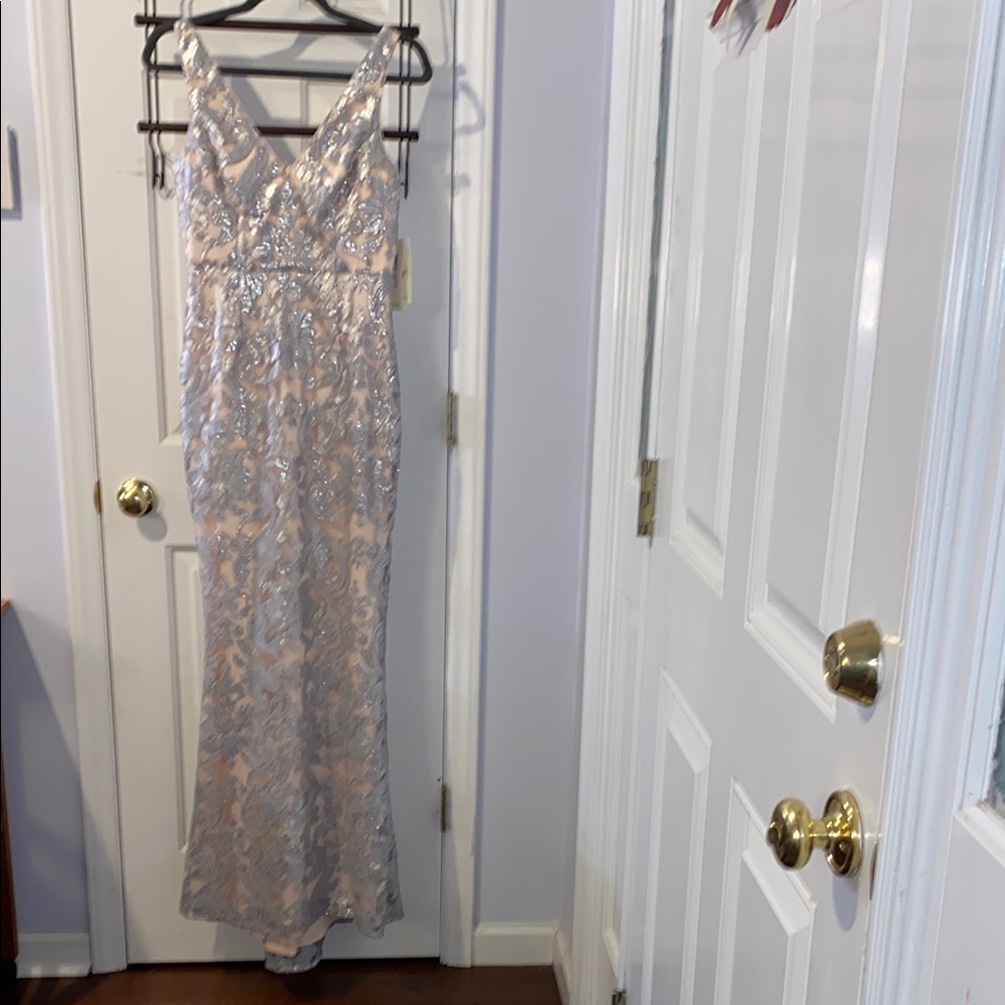 Nwt Eliza J Gown, Sz. 2, Blush Lining, Grey/Blue Lace Overlay.